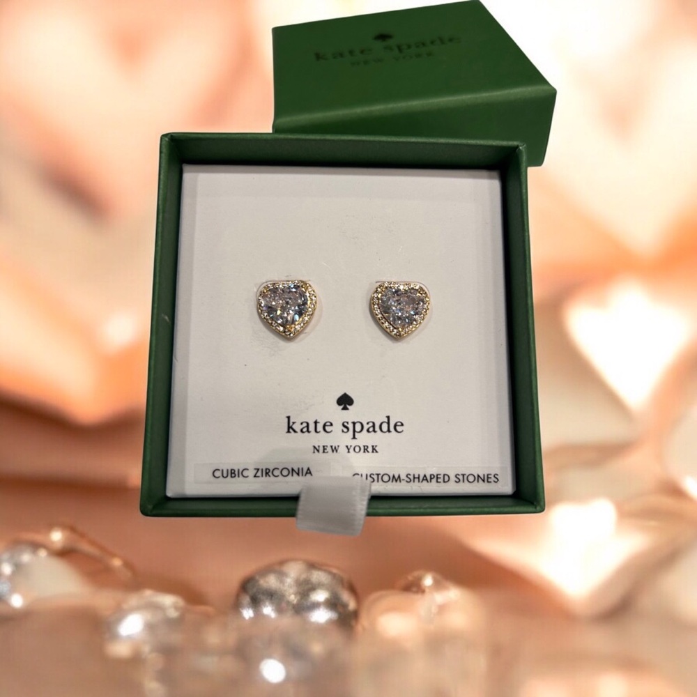 Kate Spade New York CZ and gold, halo post, Heart shaped earrings.